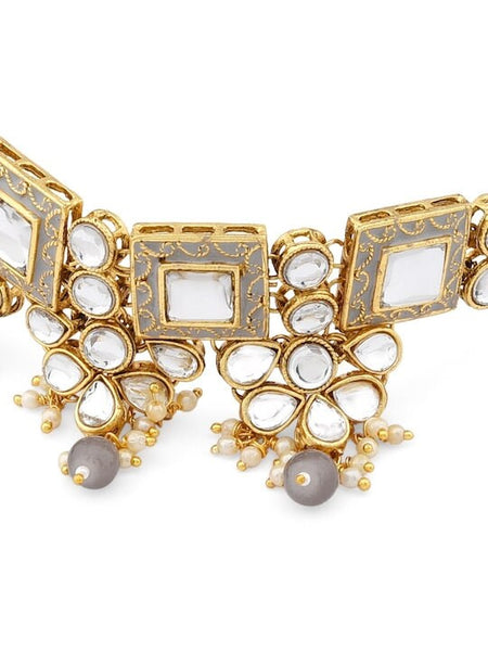 Gold Plated Grey & White Kundan Studded Pearl Beaded Jewellery Set, Indian Necklace Earrings Maangtikka And Ring Set, Bollywood Jewelry Set VitansEthnics