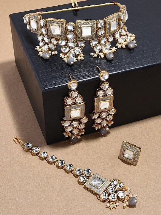 Gold Plated Grey & White Kundan Studded Pearl Beaded Jewellery Set, Indian Necklace Earrings Maangtikka And Ring Set, Bollywood Jewelry Set VitansEthnics