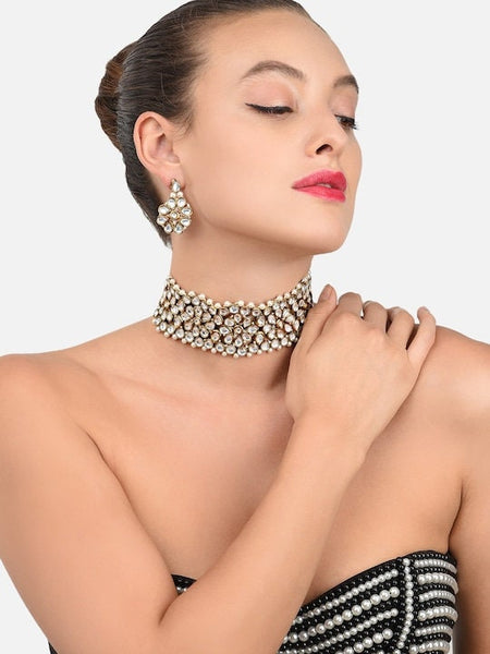 Gold-Toned Kundan Choker Jewellery Set, Indian Necklace With Earrings Set, Bollywood Jewelry Set, Choker For Women, Choker With Earrings VitansEthnics