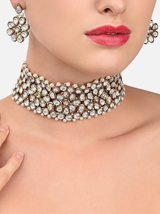Gold-Toned Kundan Choker Jewellery Set, Indian Necklace With Earrings Set, Bollywood Jewelry Set, Choker For Women, Choker With Earrings VitansEthnics