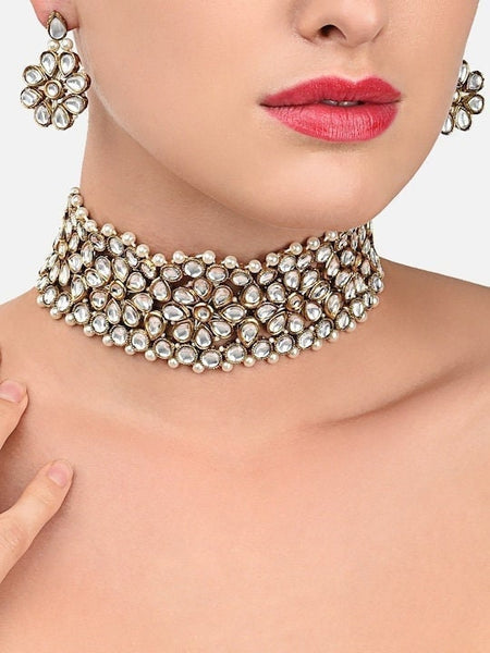Gold-Toned Kundan Choker Jewellery Set, Indian Necklace With Earrings Set, Bollywood Jewelry Set, Choker For Women, Choker With Earrings VitansEthnics