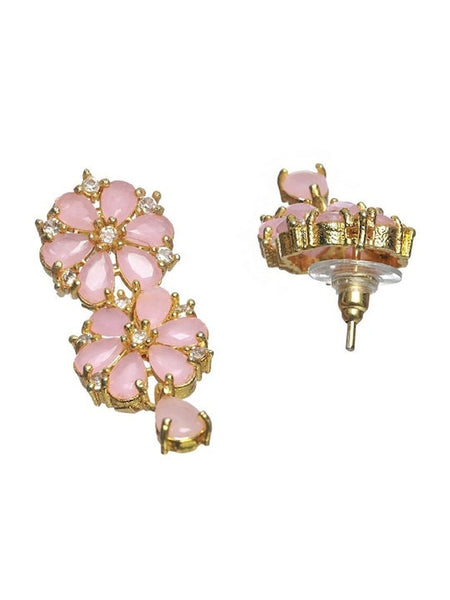Gold Plated Pink AD Studded Floral Jewellery Set, Indian Necklace With Earrings Set, Bollywood Jewelry Set VitansEthnics