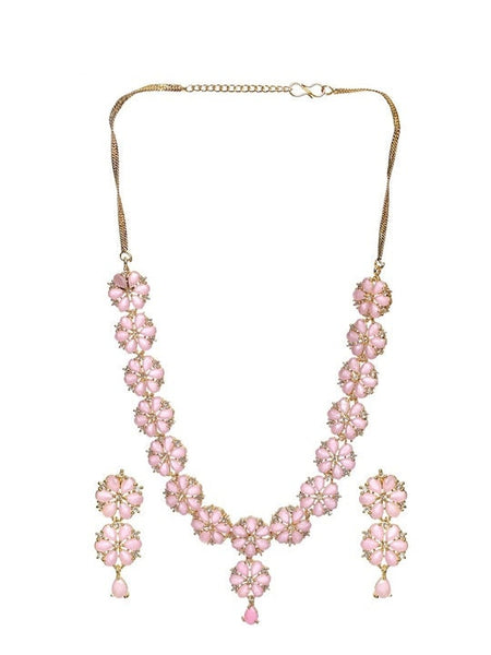 Gold Plated Pink AD Studded Floral Jewellery Set, Indian Necklace With Earrings Set, Bollywood Jewelry Set VitansEthnics