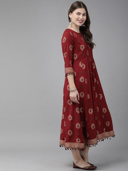 Maroon & Golden Printed Anarkali Kurta, Indian Ethnic wear, Wedding wear kurta for women, Indo Western Dress, Indian Dress For Women VitansEthnics