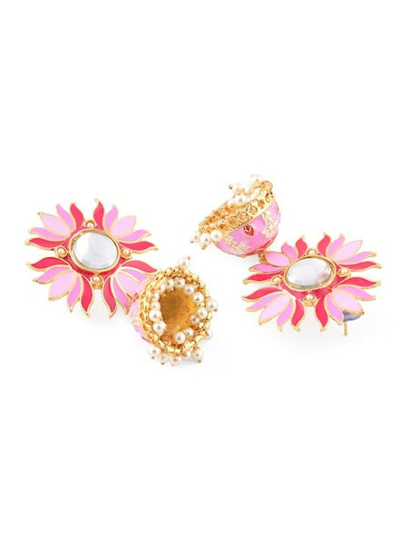 Pink Gold Plated Meenakari Earrings, Indian Earrings For Women, Dangle Earrings, Bollywood Jewellery, Pearl Earrings, Lotus Earrings Set VitansEthnics