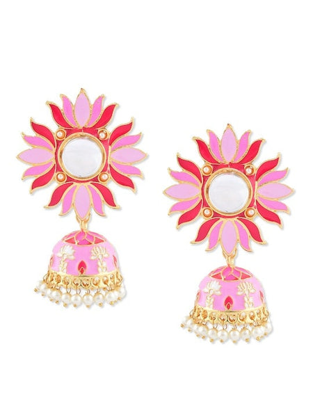 Pink Gold Plated Meenakari Earrings, Indian Earrings For Women, Dangle Earrings, Bollywood Jewellery, Pearl Earrings, Lotus Earrings Set VitansEthnics