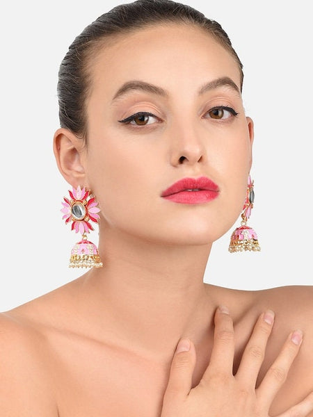 Pink Gold Plated Meenakari Earrings, Indian Earrings For Women, Dangle Earrings, Bollywood Jewellery, Pearl Earrings, Lotus Earrings Set VitansEthnics