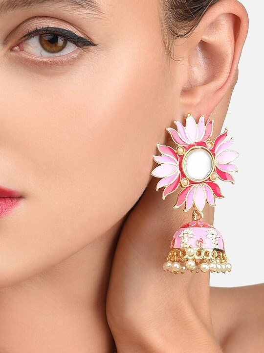 Pink Gold Plated Meenakari Earrings, Indian Earrings For Women, Dangle Earrings, Bollywood Jewellery, Pearl Earrings, Lotus Earrings Set VitansEthnics