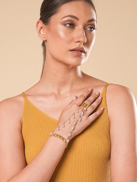 Women Gold Bracelet with Ring, Bracelet With Attached Ring, Indian Jewellery, Pearl Bracelet, Gold Bracelet Ring Set VitansEthnics