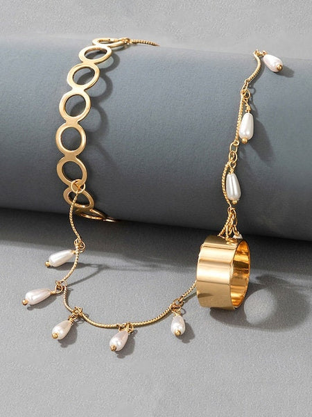 Women Gold Bracelet with Ring, Bracelet With Attached Ring, Indian Jewellery, Pearl Bracelet, Gold Bracelet Ring Set VitansEthnics