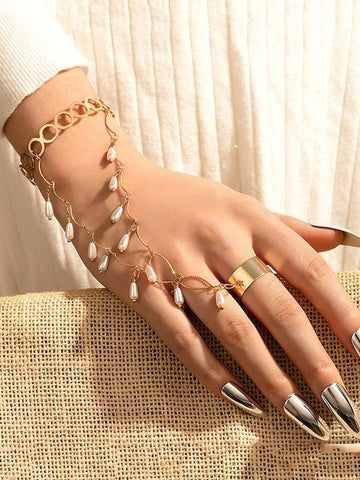 Women Gold Bracelet with Ring, Bracelet With Attached Ring, Indian Jewellery, Pearl Bracelet, Gold Bracelet Ring Set VitansEthnics