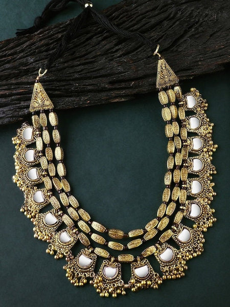 Silver & Gold-Toned Oxidised Alloy Handcrafted Necklace, Indian Necklace, Bollywood Jewelry Set, Contemporary Layered Necklace VitansEthnics