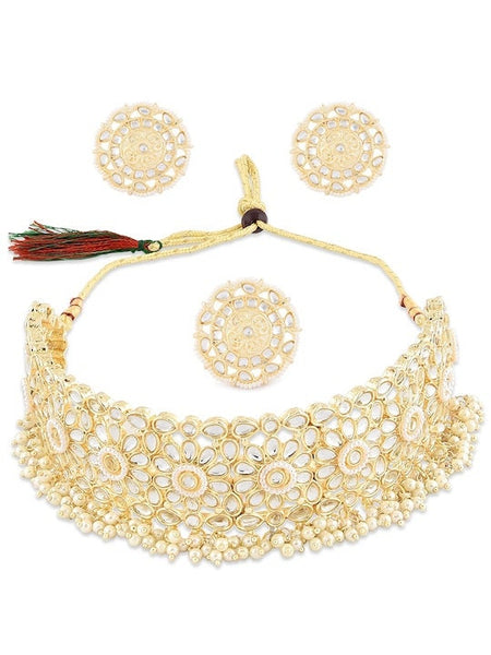 Gold Plated White Kundan & Pearl Beaded Jewellery Set, Indian Necklace With Earrings And Ring Set, Bollywood Jewelry Set, Choker For Women VitansEthnics