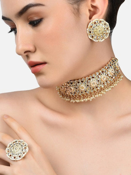 Gold Plated White Kundan & Pearl Beaded Jewellery Set, Indian Necklace With Earrings And Ring Set, Bollywood Jewelry Set, Choker For Women VitansEthnics