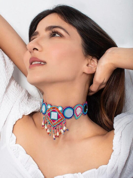 Multicolored Mirror Work Beaded Choker Necklace VitansEthnics