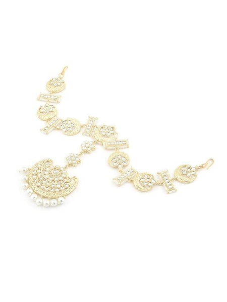 Gold Plated White Kundan & Pearls Mathapatti Style Maangtikka | Hair Accessory VitansEthnics