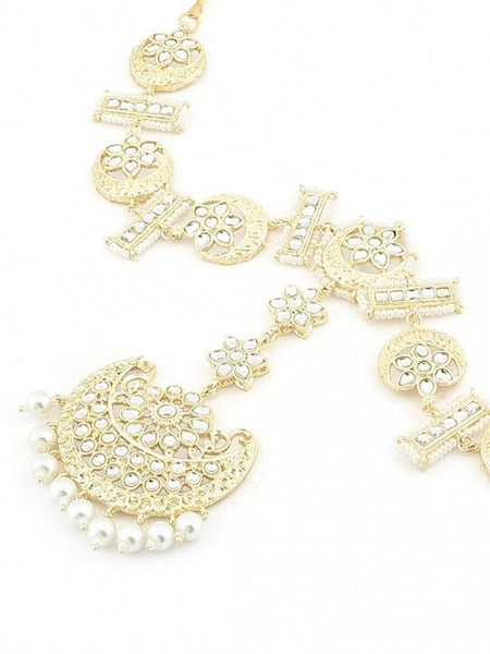 Gold Plated White Kundan & Pearls Mathapatti Style Maangtikka | Hair Accessory VitansEthnics