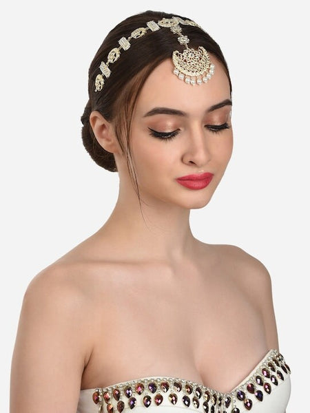 Gold Plated White Kundan & Pearls Mathapatti Style Maangtikka | Hair Accessory VitansEthnics