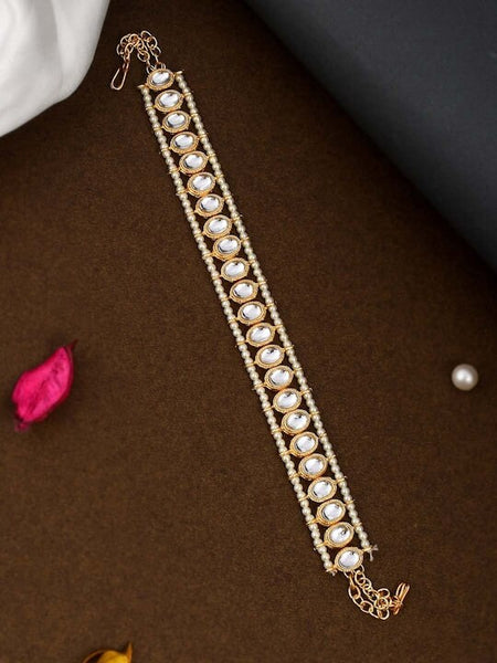 Women Gold Plated White Kundan Studded Pearl Matha Patti, Matha Patti Headband For Women, Alia Bhatt Style Matha patti, Hair Jewellery VitansEthnics