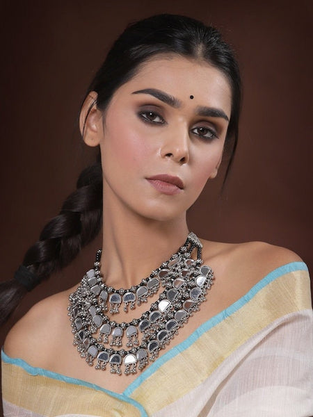 Silver Toned & Black German Silver Oxidised Necklace, Indian Oxidised Layered Necklace, Bollywood Jewelry, Boho Jewellery Set VitansEthnics
