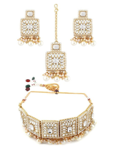 Gold Plated Kundan Studded Pearl Beaded Jewellery Set, Indian Necklace Earrings And Maangtikka Set, Bollywood Jewelry Set VitansEthnics