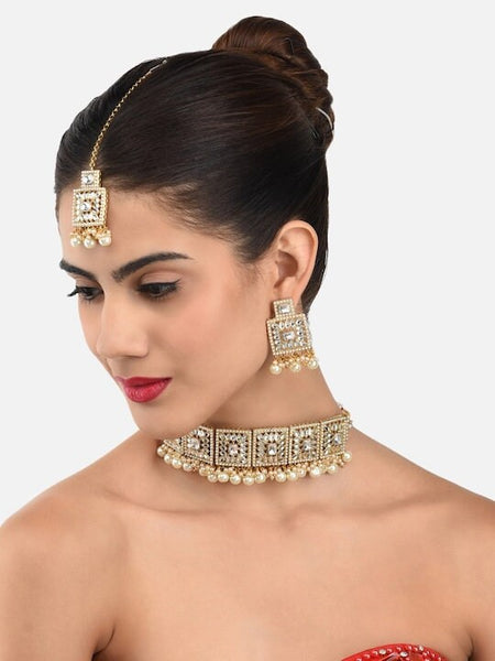Gold Plated Kundan Studded Pearl Beaded Jewellery Set, Indian Necklace Earrings And Maangtikka Set, Bollywood Jewelry Set VitansEthnics