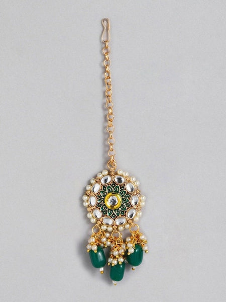Gold Plated Green Meenakari Kundan Necklace Earring & Maang Tika Set, Indian Necklace Earrings Maangtikka Ring Set, Bollywood Jewelry Set VitansEthnics