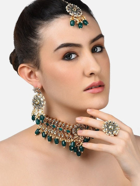 Gold Plated Green Meenakari Kundan Necklace Earring & Maang Tika Set, Indian Necklace Earrings Maangtikka Ring Set, Bollywood Jewelry Set VitansEthnics