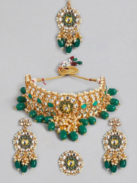 Gold Plated Green Meenakari Kundan Necklace Earring & Maang Tika Set, Indian Necklace Earrings Maangtikka Ring Set, Bollywood Jewelry Set VitansEthnics