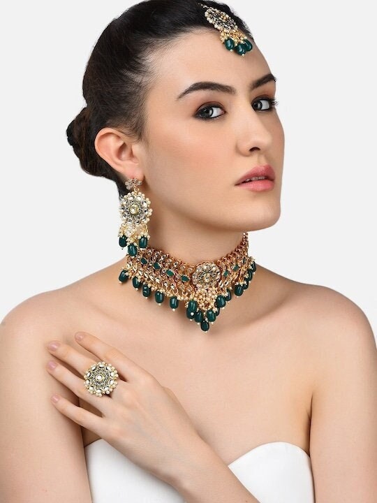 Gold Plated Green Meenakari Kundan Necklace Earring & Maang Tika Set, Indian Necklace Earrings Maangtikka Ring Set, Bollywood Jewelry Set VitansEthnics