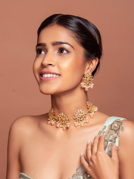 Gold Plated White & Peach Kundan Beaded Jewellery Set, Indian Necklace With Earrings, Bollywood Jewelry Set, Indian Choker For Women VitansEthnics