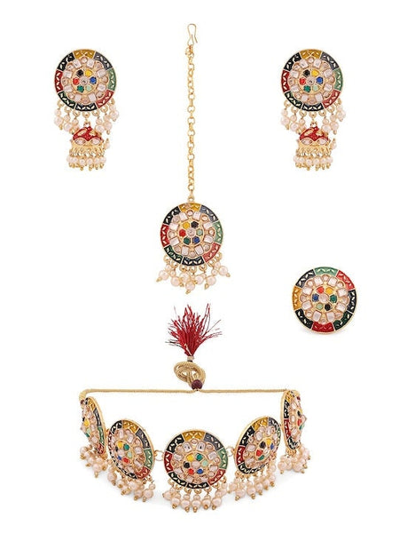 Gold Plated Green & Red Stone Studded Meenakari Jewellery Set, Indian Necklace Earrings Maangtikka And Ring Set, Bollywood Jewelry Set VitansEthnics