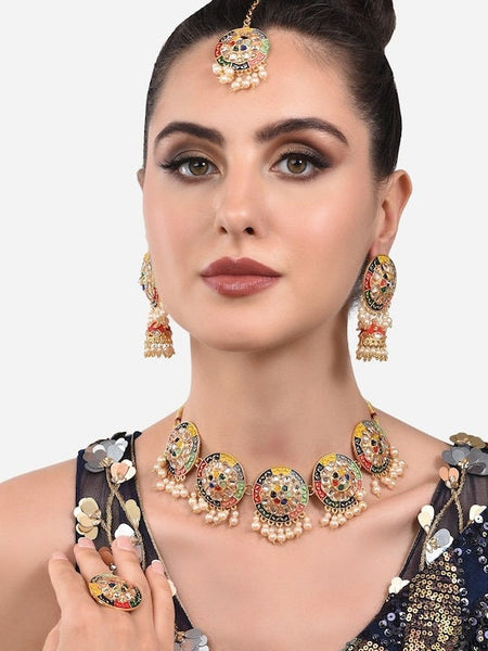 Gold Plated Green & Red Stone Studded Meenakari Jewellery Set, Indian Necklace Earrings Maangtikka And Ring Set, Bollywood Jewelry Set VitansEthnics