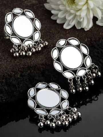 Silver Plated Oxidized Mirror Work Drop Earrings with Ring, Earrings With Ring Set, Indian Jewellery Set, Wedding Jewelry, Contemporary Set VitansEthnics