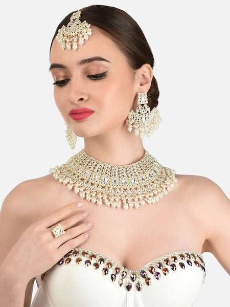 Gold Plated White Kundan Studded & Pearl Beaded Bridal Jewellery Set, Indian Necklace Earrings Maangtikka Ring Set, Bollywood Jewelry Set VitansEthnics