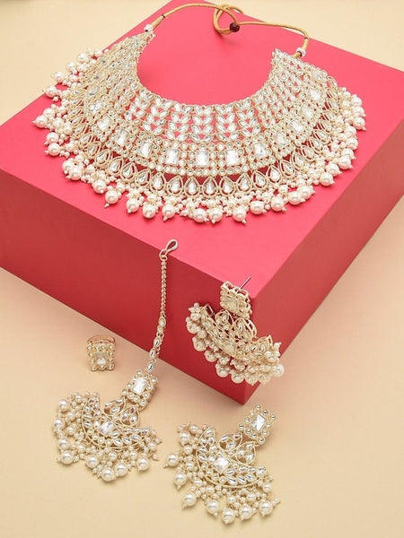 Gold Plated White Kundan Studded & Pearl Beaded Bridal Jewellery Set, Indian Necklace Earrings Maangtikka Ring Set, Bollywood Jewelry Set VitansEthnics