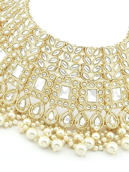 Gold Plated White Kundan Studded & Pearl Beaded Bridal Jewellery Set, Indian Necklace Earrings Maangtikka Ring Set, Bollywood Jewelry Set VitansEthnics