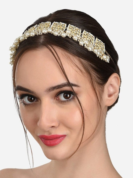 Women Gold Plated White Stone Studded Pearl Beaded Matha Patti, Matha Patti Headband For Women, Alia Bhatt Style Matha patti, Hair Jewellery VitansEthnics