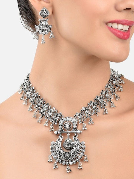 Silver-Plated Oxidised Jewellery Set, Indian Necklace With Earrings Set, Bollywood Jewelry Set, Boho Jewellery Set VitansEthnics