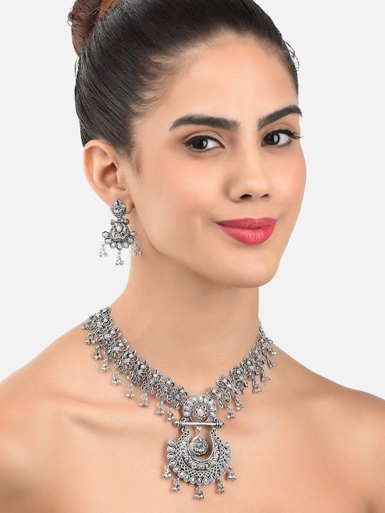 Silver-Plated Oxidised Jewellery Set, Indian Necklace With Earrings Set, Bollywood Jewelry Set, Boho Jewellery Set VitansEthnics