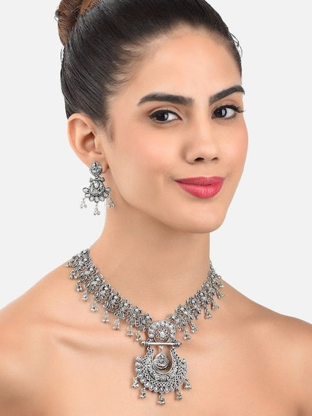 Silver-Plated Oxidised Jewellery Set, Indian Necklace With Earrings Set, Bollywood Jewelry Set, Boho Jewellery Set VitansEthnics
