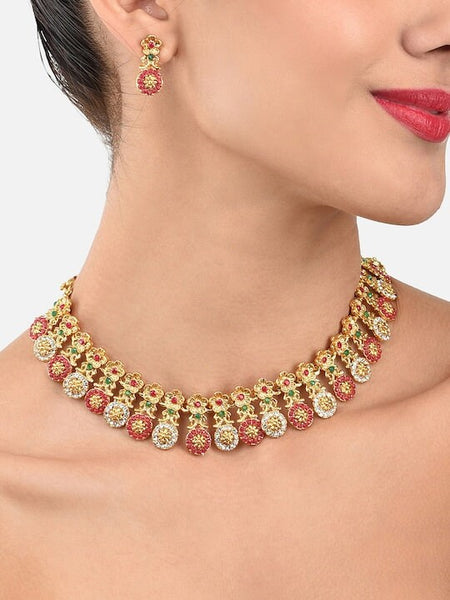 Gold-Plated Ethnic Jewellery Set, Indian Necklace With Earrings Set, Bollywood Jewelry Set, Red Rajasthani Jewellery Set, Traditional Set VitansEthnics