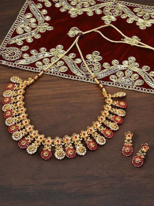 Gold-Plated Ethnic Jewellery Set, Indian Necklace With Earrings Set, Bollywood Jewelry Set, Red Rajasthani Jewellery Set, Traditional Set VitansEthnics