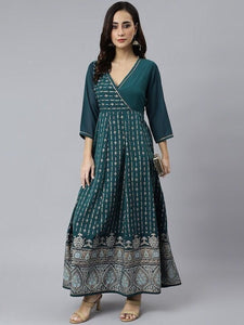 Teal Geometric Printed Crepe Anarkali Kurta For Women, Indian Dress, Indo Western Dress, Anarkali Dress, Fusion Outfit VitansEthnics