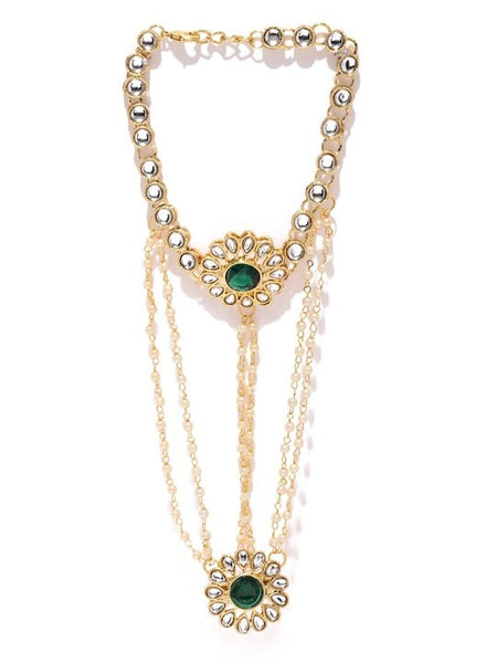 Set Of 2 Gold-Plated Pearl & Kundan Hand harness For Women, Haath Phool, Bracelet With Attached Ring, Indian Traditional Bridal Jewelry VitansEthnics
