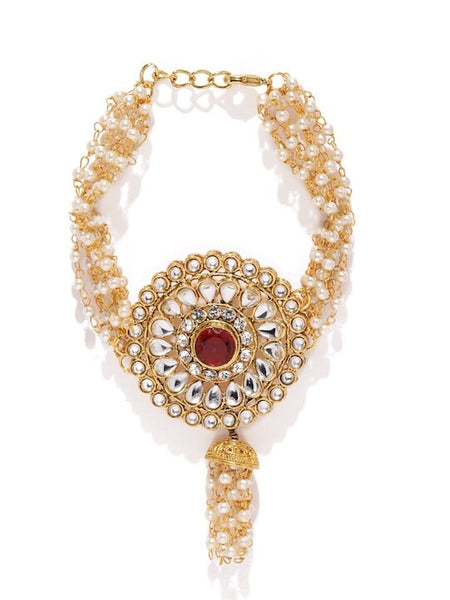 Set Of 2 Gold-Plated Pearl & Kundan Hand harness For Women, Haath Phool, Bracelet With Attached Ring, Indian Traditional Bridal Jewelry VitansEthnics