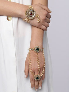 Set Of 2 Gold-Plated Pearl & Kundan Hand harness For Women, Haath Phool, Bracelet With Attached Ring, Indian Traditional Bridal Jewelry VitansEthnics