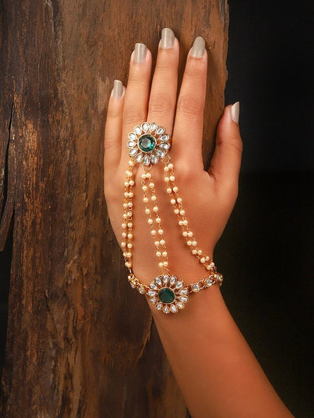 Gold-Toned Kundan & Pearls Ring Bracelet, Hand harness For Women, Haath Phool, Bracelet With Adjustable Ring, Indian Traditional Bracelet VitansEthnics