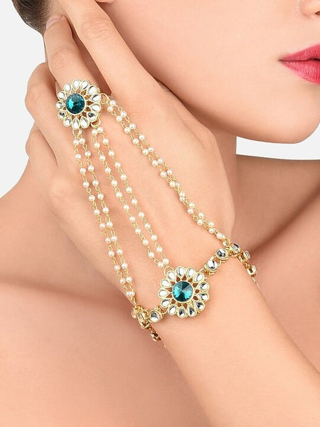 Gold-Toned Kundan & Pearls Ring Bracelet, Hand harness For Women, Haath Phool, Bracelet With Adjustable Ring, Indian Traditional Bracelet VitansEthnics