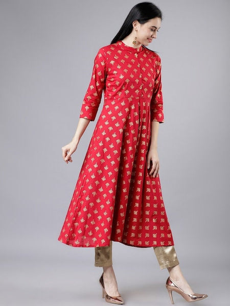 Red & Golden Printed A-Line Kurta, Ethnic Dress, Indian Dress For Women, Printed Indo Western Outfit, Anarkali Dress, Kurta, Fusion Dress VitansEthnics